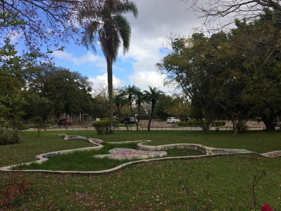 Jardim do Hipódromo do Cristal com palmeiras, gramado e um canteiro de mosaico em forma sinuosa